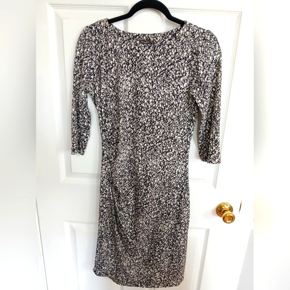 J. McLaughlin Ruched Side Dress XS Black And Cream Print Stretch Wedding Guest